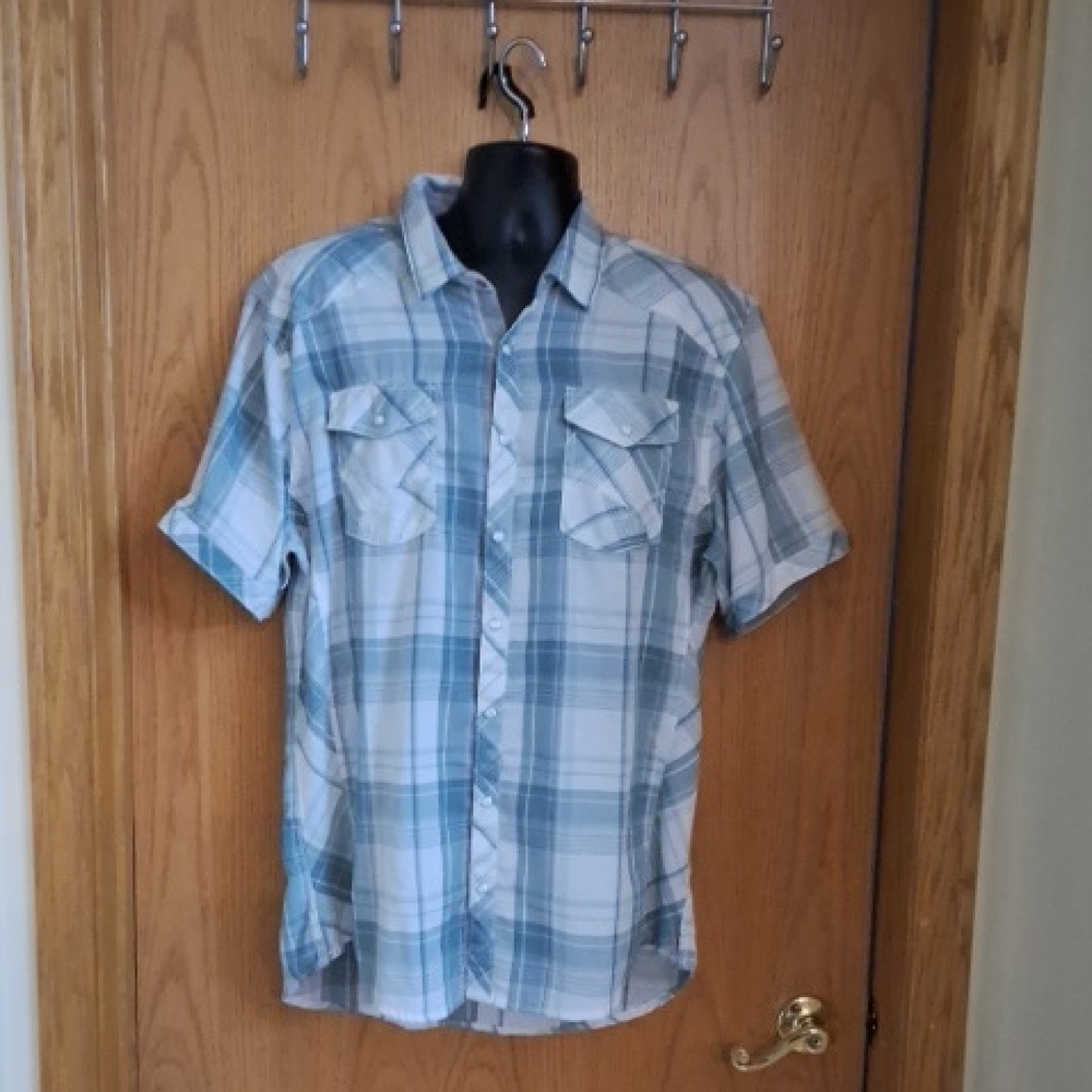 BKE Green and White Plaid Short-Sleeve Button-Down Shirt